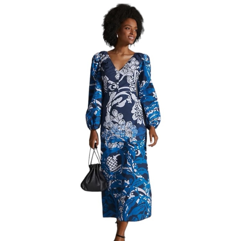 HP Anthropologie Roopa Pemmaraju Puff Sleeve Cotton Floral Maxi in Blue Motif